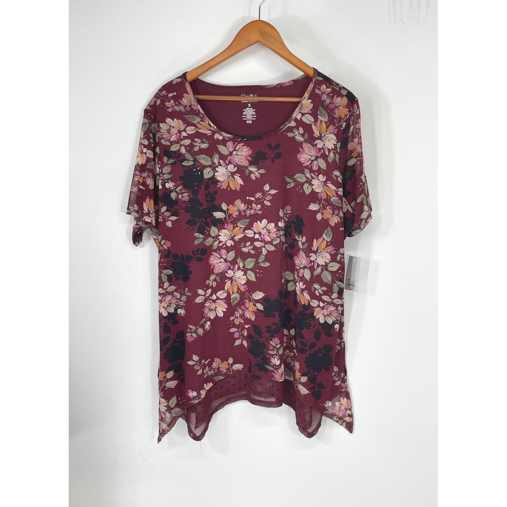 NWT Croft & Barrow Womens Top 1X Short Sleeve Burgundy Floral Sharkbite Hem Mesh